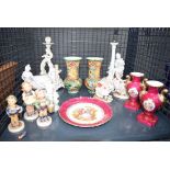 Cage containing figurines, plus other Continental style figurines and items