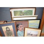 Collection of framed and glazed prints and pastel drawings depicting horses, flowers, etc