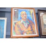 Framed and glazed oil on board of a seated gentleman with a large green spotted bowtie