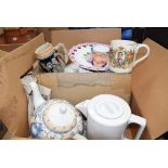 Box containing china teapots, jugs, plates, steins etc
