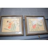 2 Japanese framed and glazed watercolours on card depicting butterflies and flowers and birds and