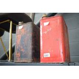 Two old petrol cans complete with brass lids