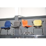 Four various chairs, some swivel, in orange, blue, grey and light green