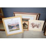 Collection of framed and glazed prints depicting mountains, lakes, racing cars, dogs, etc