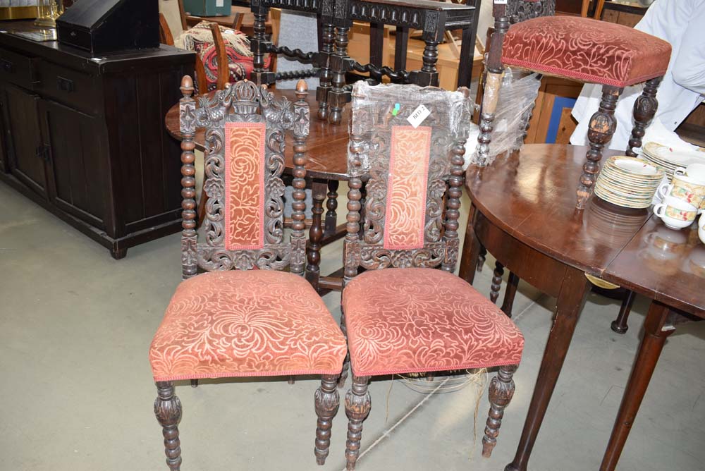 5290 - 5 heavily carved chairs with red fabric covering