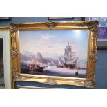 Large print of moored sailing boats in gilt frame together with a small photographic image of The