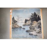 Unframed painting on fabric of a lake and house scene