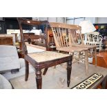 Victorian cane seated dining chair with carved back plus elm seated spindleback kitchen chair