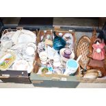 Three boxes of chinaware, glassware and wooden ornaments to include a small wooden mantel clock