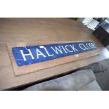Hallwick Close enamel road sign
