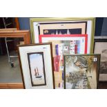 Collection of watercolours and prints depicting a harbour scene, underground and a village scene