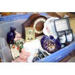 Plastic box containing mantle clock, Royal Worcester egg coddlers, dishes, glassware etc