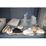 Cage of glass dressing table wares and dressing tables mirrors etc