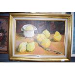 Framed oil on canvas of a collection of lemons