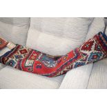 (7) Small red and blue ground geometric patterned rug