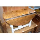 White painted drop leaf small coffee table with oak top