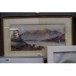 5149 Framed and glazed watercolour of a castle with lake and mountains in distance