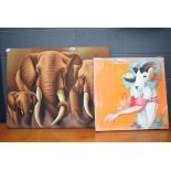 Oil on canvas of 3 elephants together with an acrylic on canvas of a human with a ram's head and