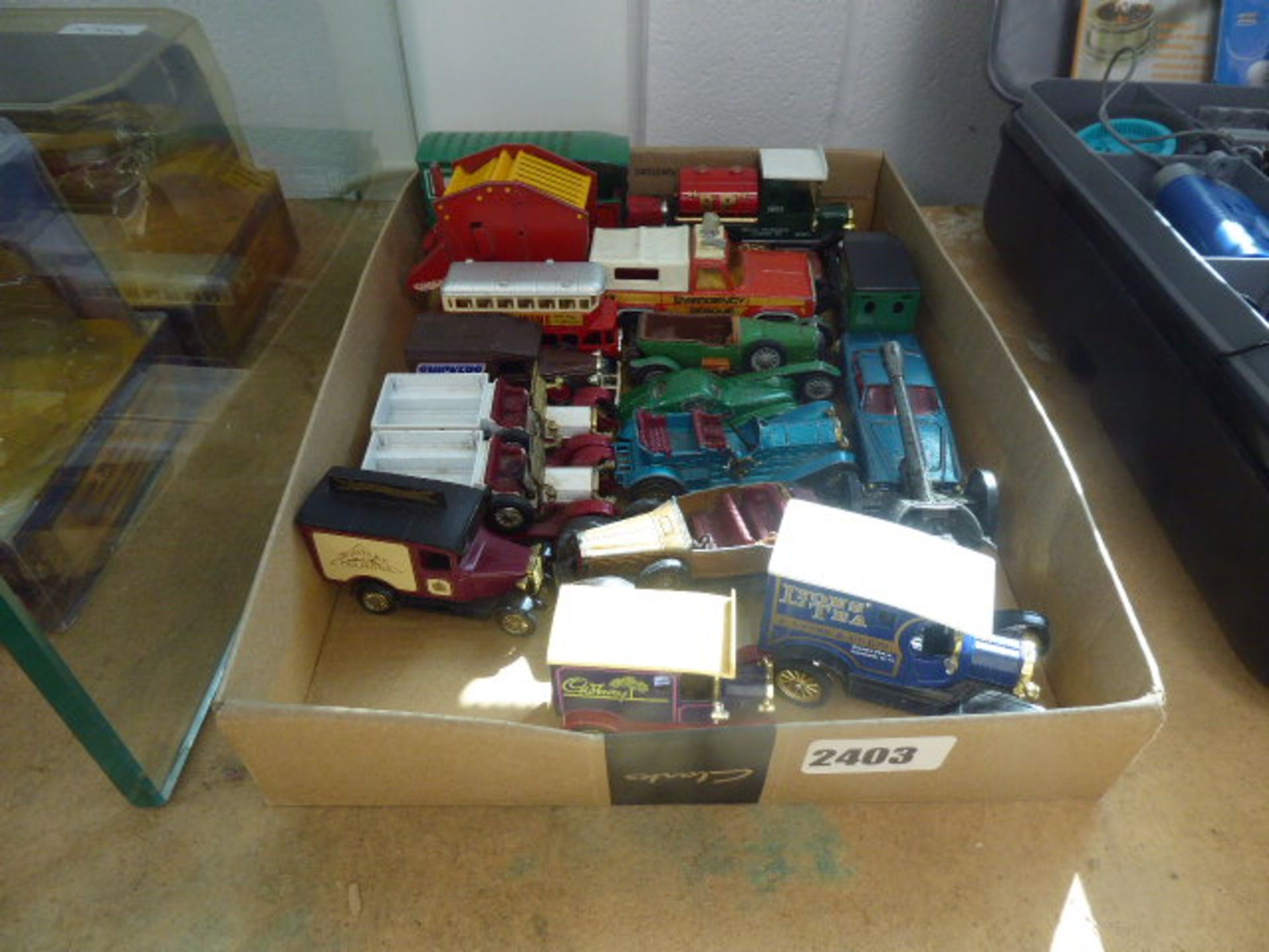 Tray containing play worn die cast vehicles