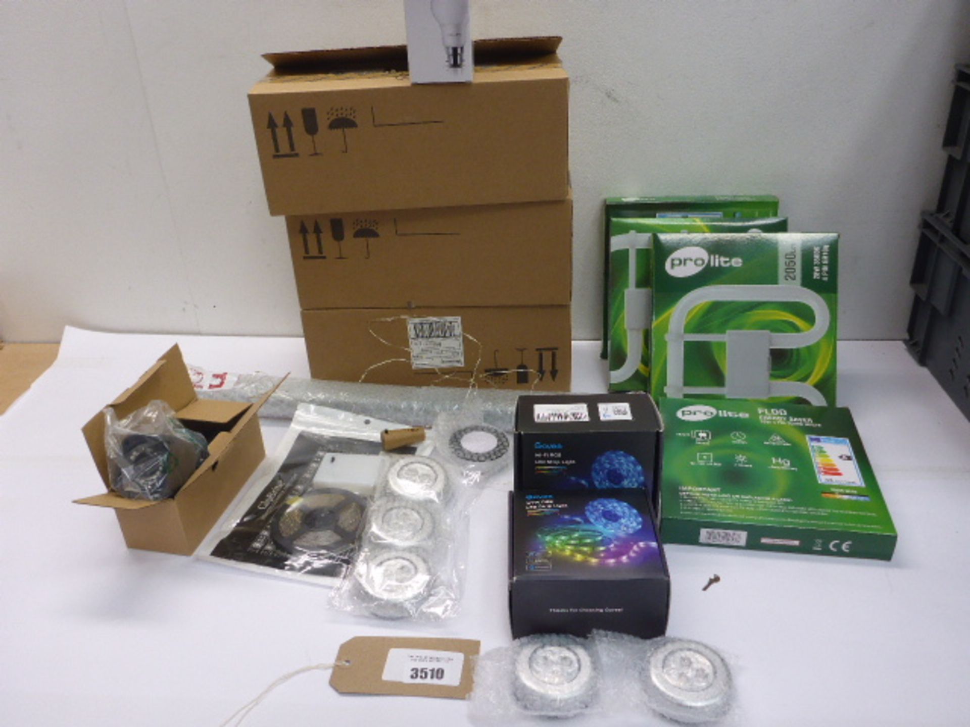 3 boxes of Philips CorePro LED bulbs, Wi-Fi RGB LED strip lights, Engery saver bulbs, bullet