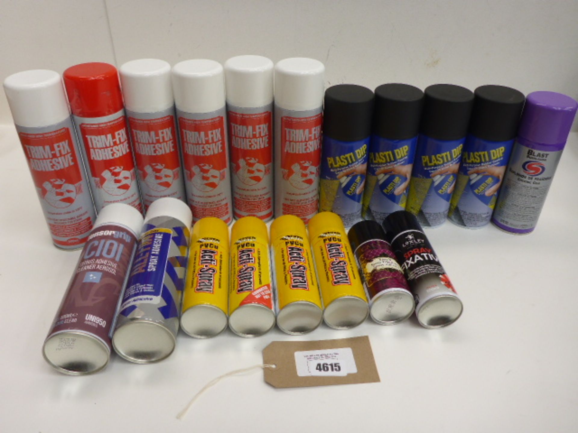 Bag containing Trim-Fix Adhesive, Plasti Dip, PVCu acti-spray and other adhesive sprays