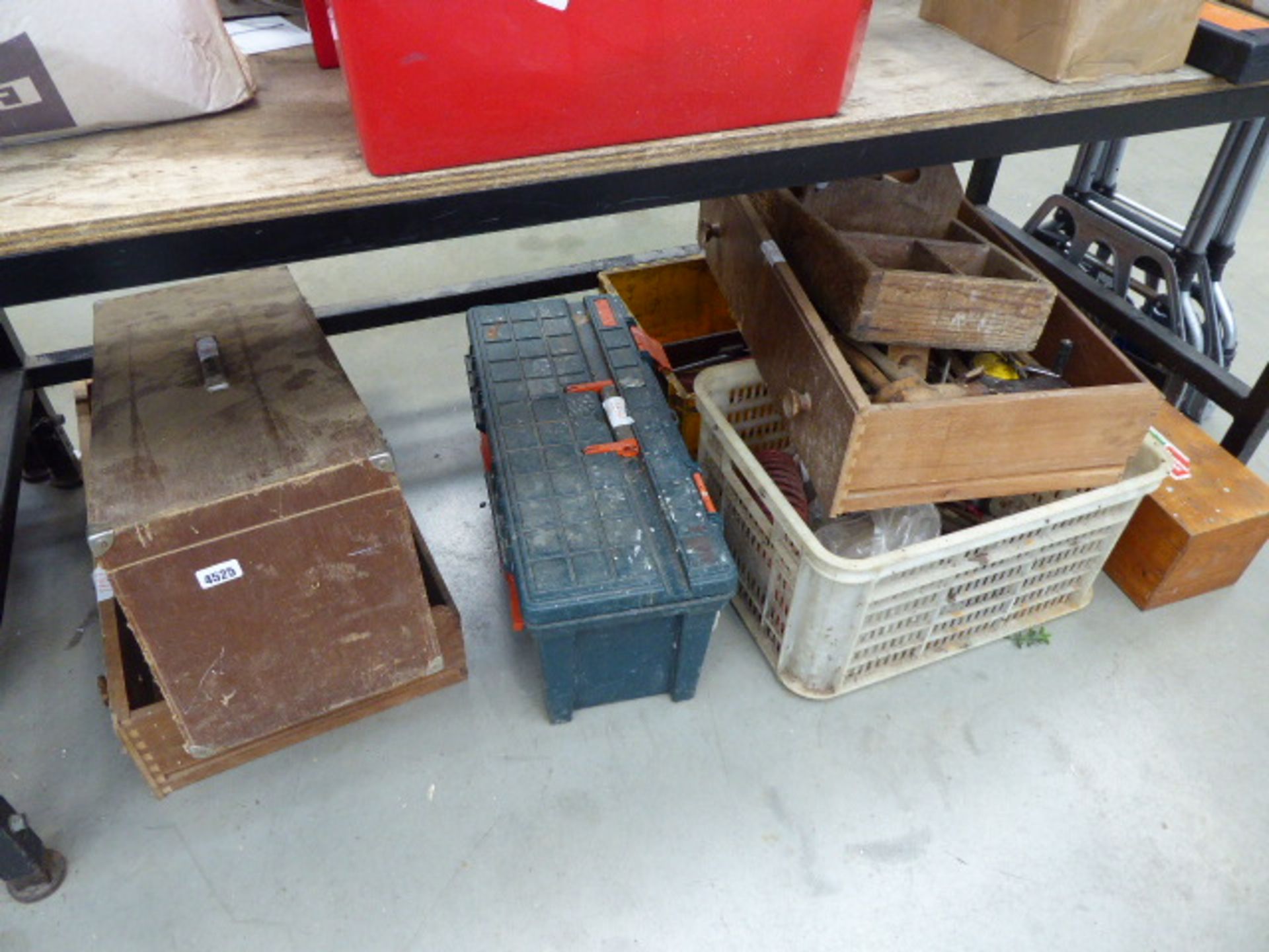 Large bay of assorted tools including hammers, chisels, drill bits, wooden boxes etc