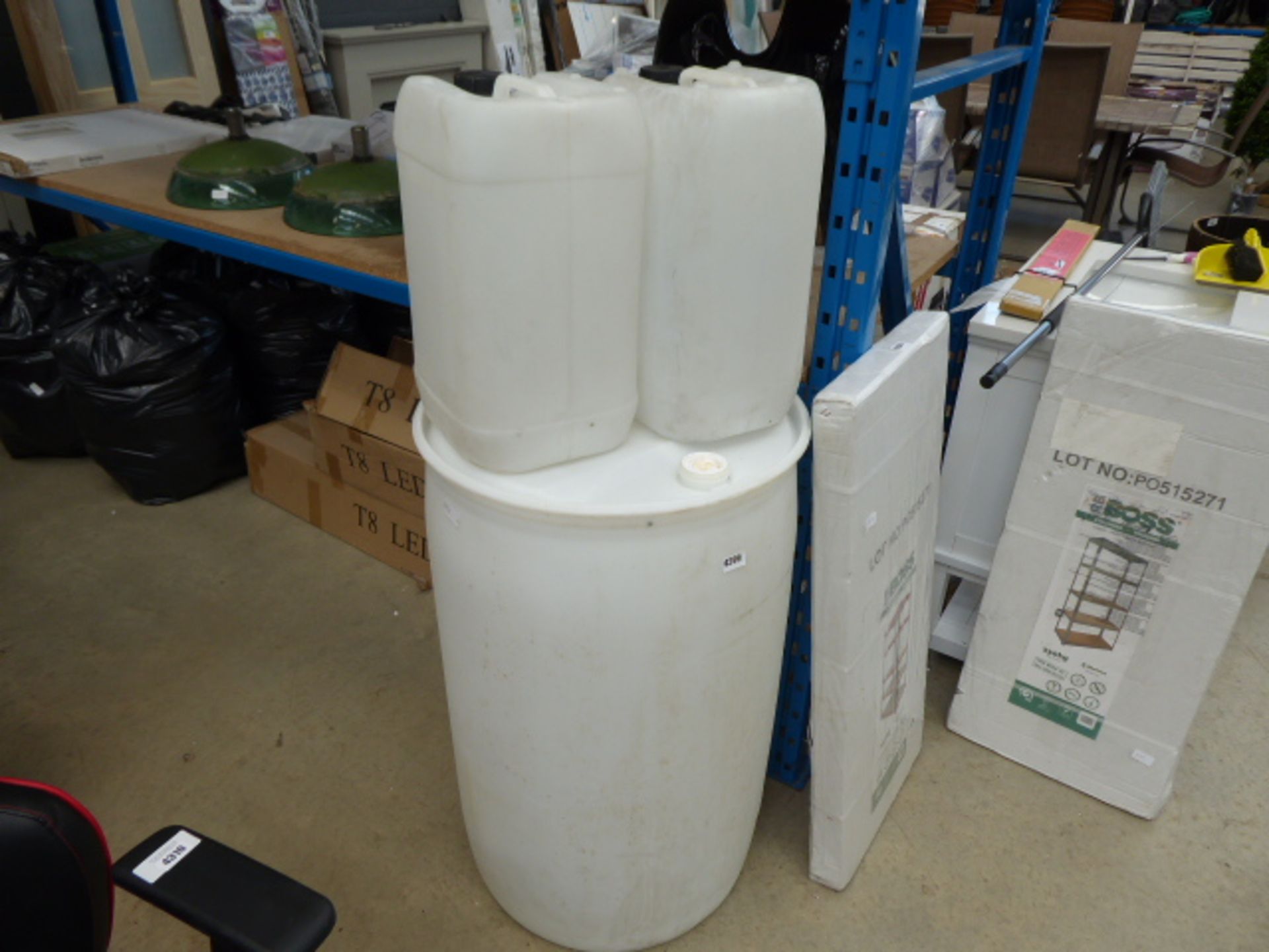 Large white plastic chemical container and 2 small plastic chemical containers