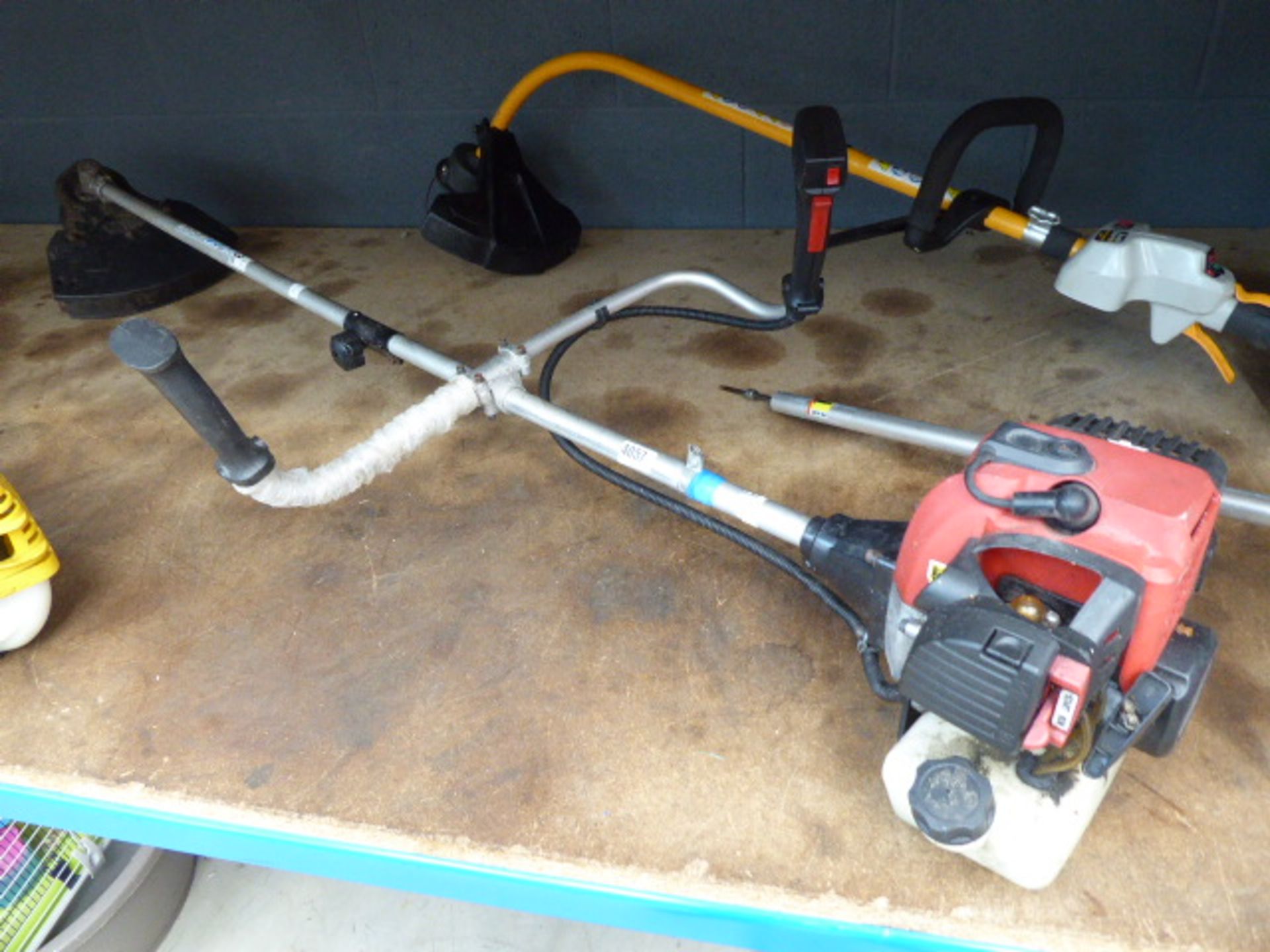 Red petrol powered strimmer