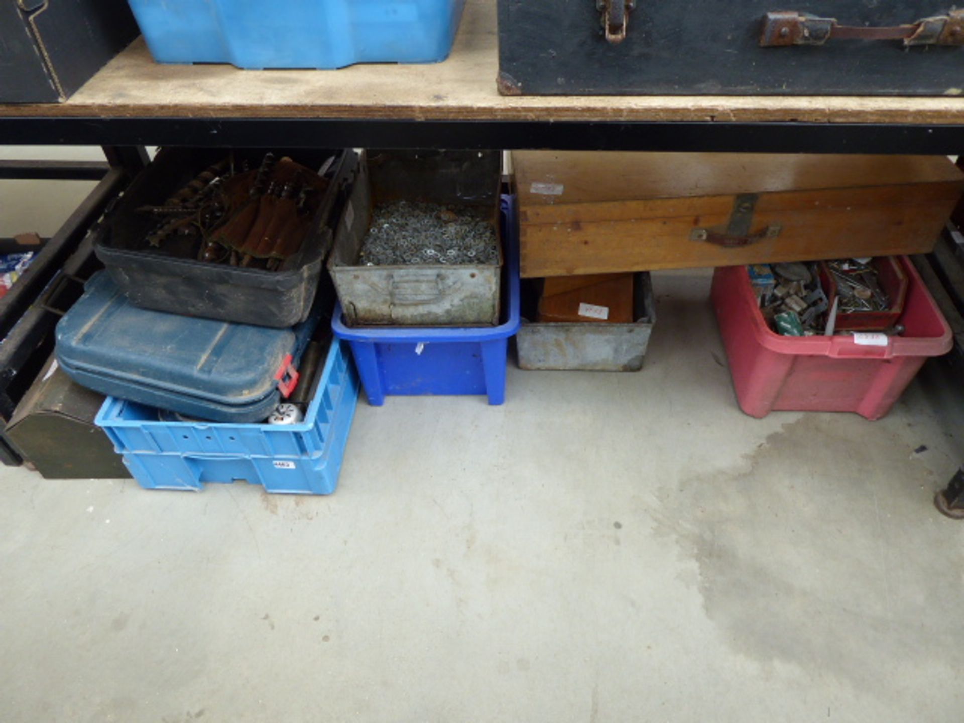 Large underbay of assorted drill bits, lights, washers, fixings, wooden boxes, etc