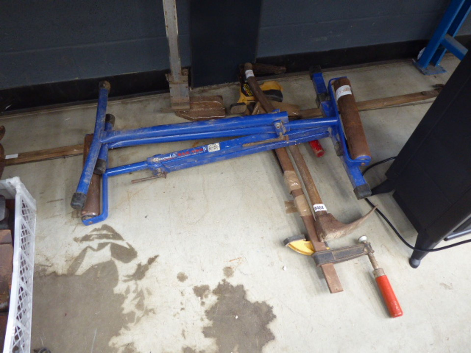 Pair of roller stands, measure, clamps and various other tools