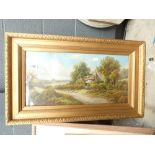 Over painted print depicting cottage figure and geese in lane