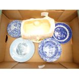 Box containing blue and white china, a Sylvac bowl and various china plates