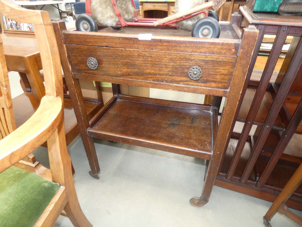 Oak two tiered tea trolley with cutlery drawer under