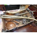 Box containing 2 pairs of horses hames plus horse brasses and copper ladle