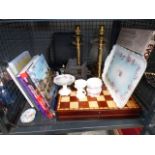 (4) A cage containing: reference books, chess board, rose pattern crockery, brass lamps and