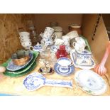 A cage containing blue and white china, glassware, Majolica, general crockery and water jugs