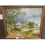 Oil on canvas of country cottage with sheep and trees