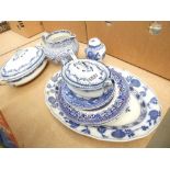 A blue & white ginger jar, together with a quantity of tureens, dinner plates and dishes