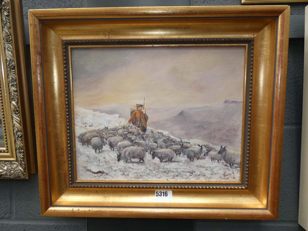 Oil on board Sheppard with flock in winter landscape