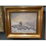 Oil on board Sheppard with flock in winter landscape