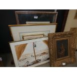 Quantity of prints and paintings to include Madonna and child, country garden, Parisian fashion,