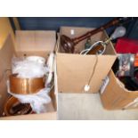 Three boxes containing: table lamps, copper pots, jewellery box, plus household goods