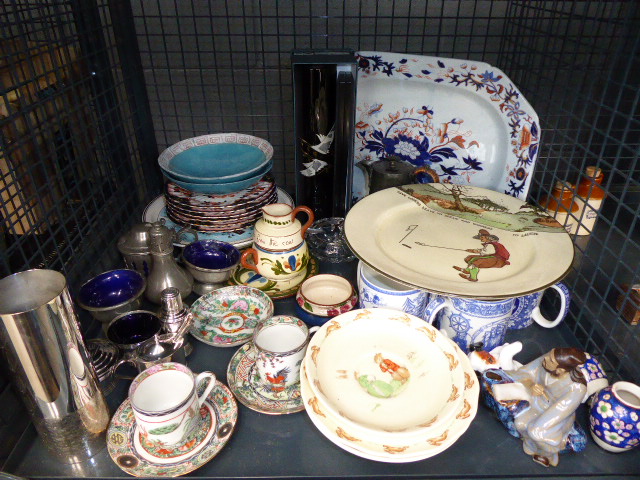 A cage containing Bunnykins plates, silver plated cruet sets, meat platter, blue & white coffee