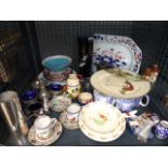 A cage containing Bunnykins plates, silver plated cruet sets, meat platter, blue & white coffee