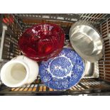 Box of stainless steel dishes and a blue and white dinner plate, a vase and glassware