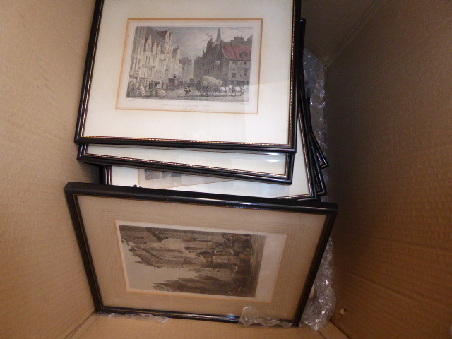 Box containing engravings depicting city scape and castles