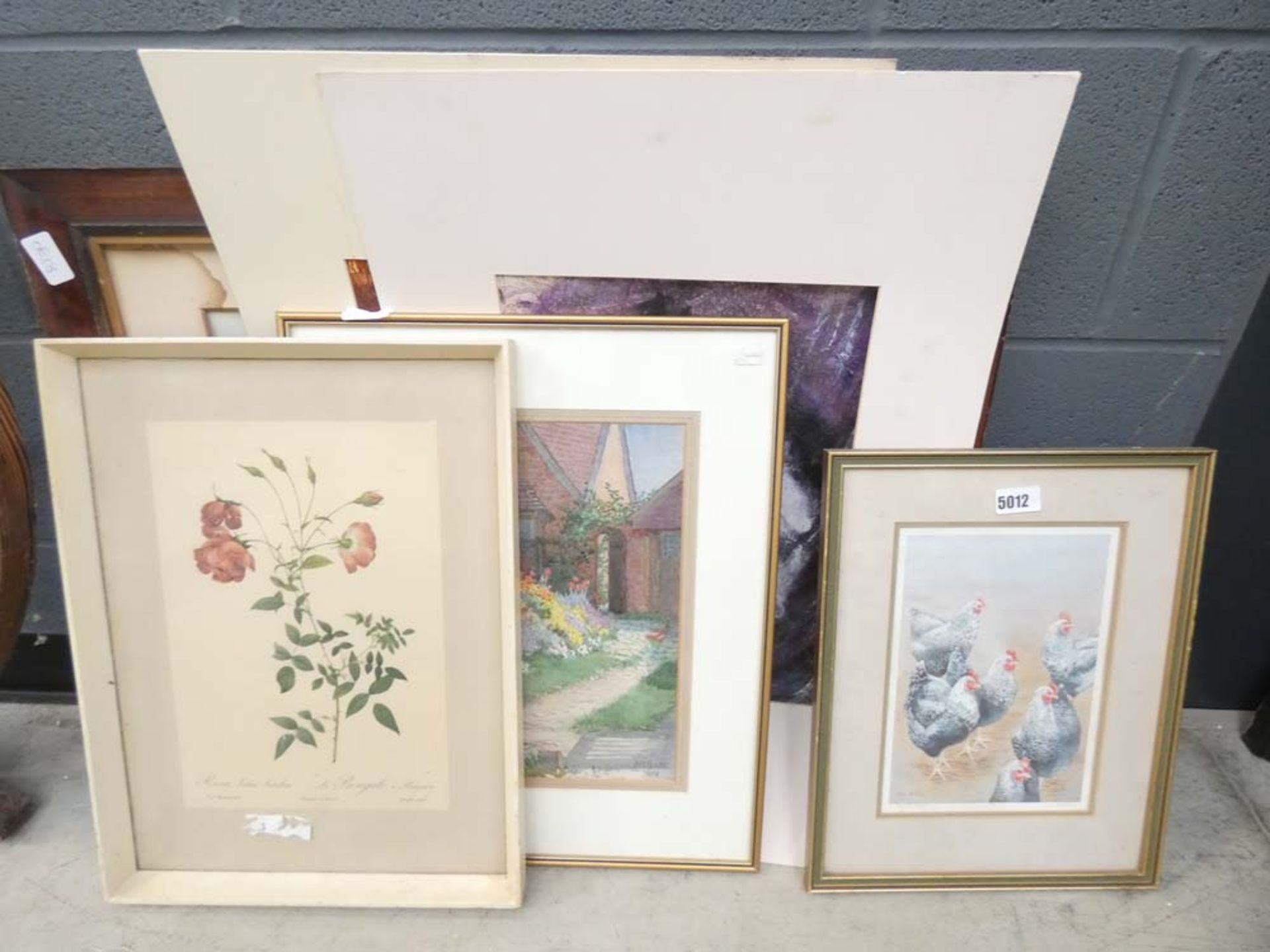 Quantity of pictures and paintings to included chickens, roses, country garden, studies of nudes + a