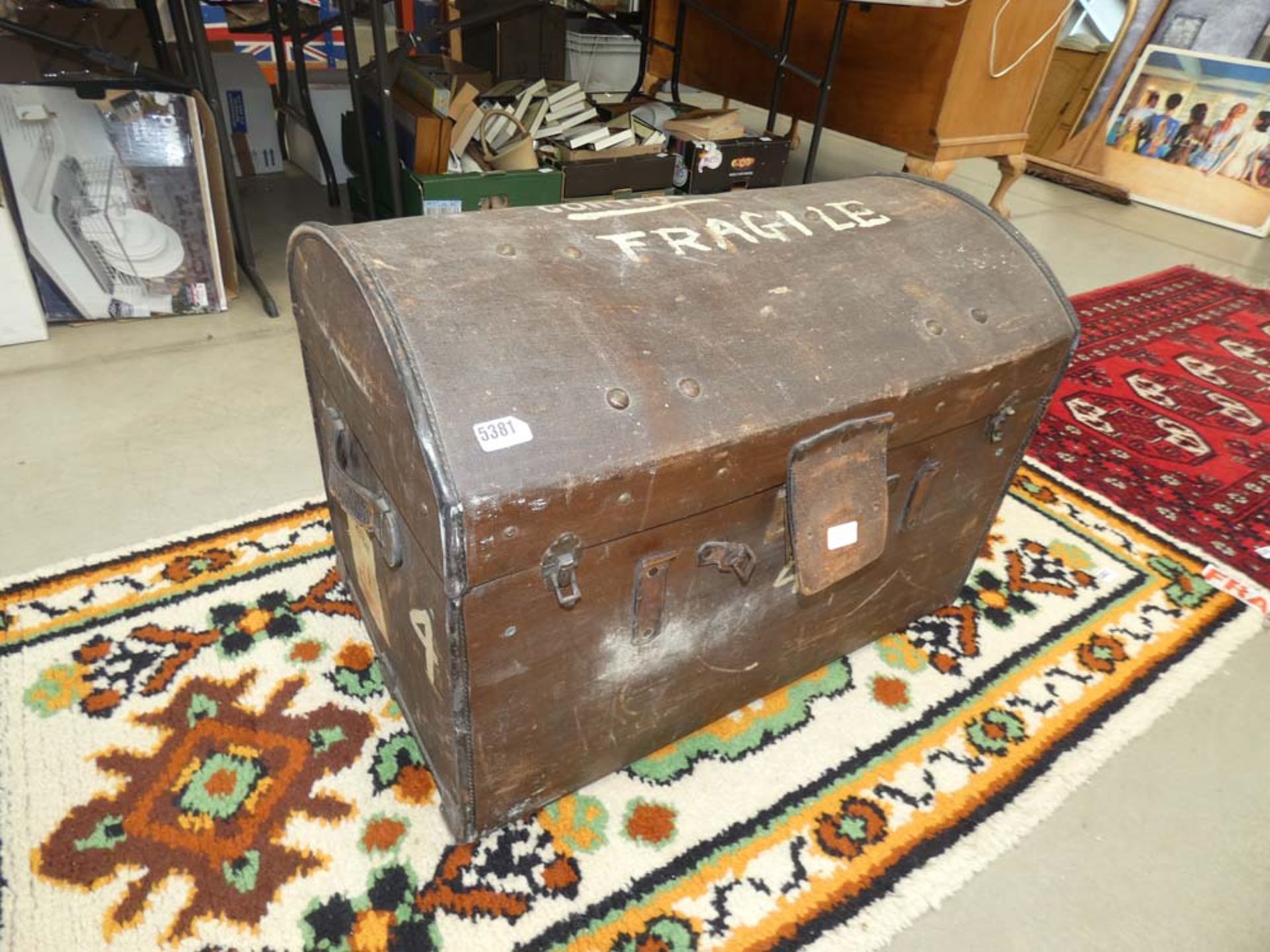 Canvas covered dome top travelling trunk