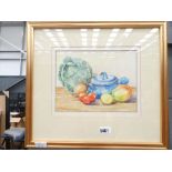 Watercolour still life with vegetables and cooking pot by Baz East