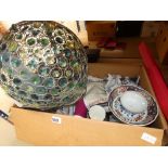 A box containing ceiling light shade, glassware, Oriental ceramics, cabinet plates and household